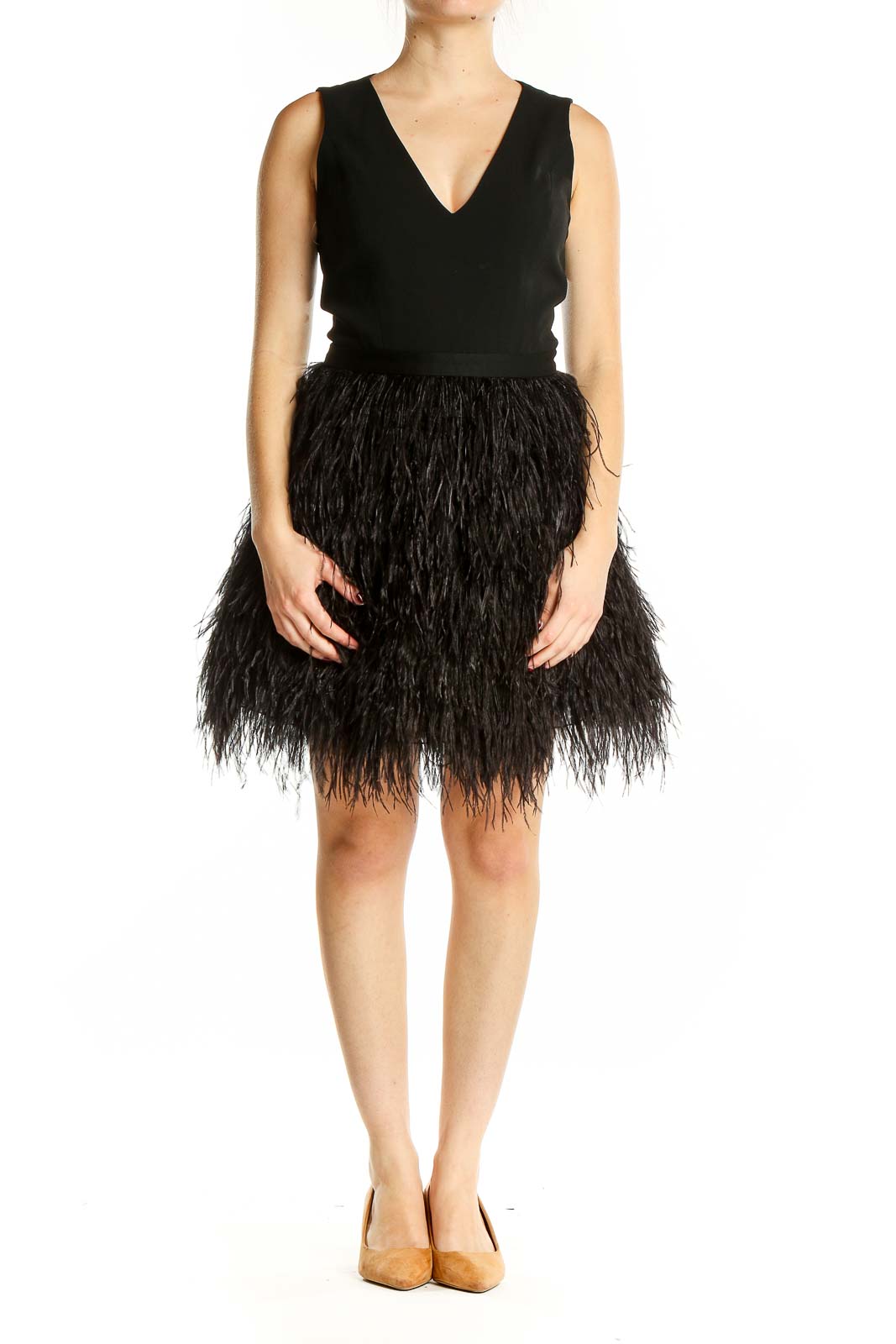 Black Flare V Neck Feather Skirt Dress