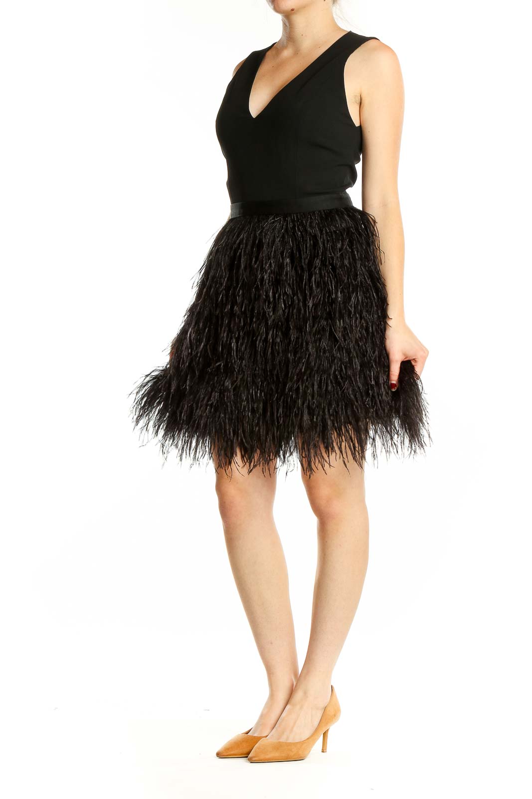 Black Flare V Neck Feather Skirt Dress