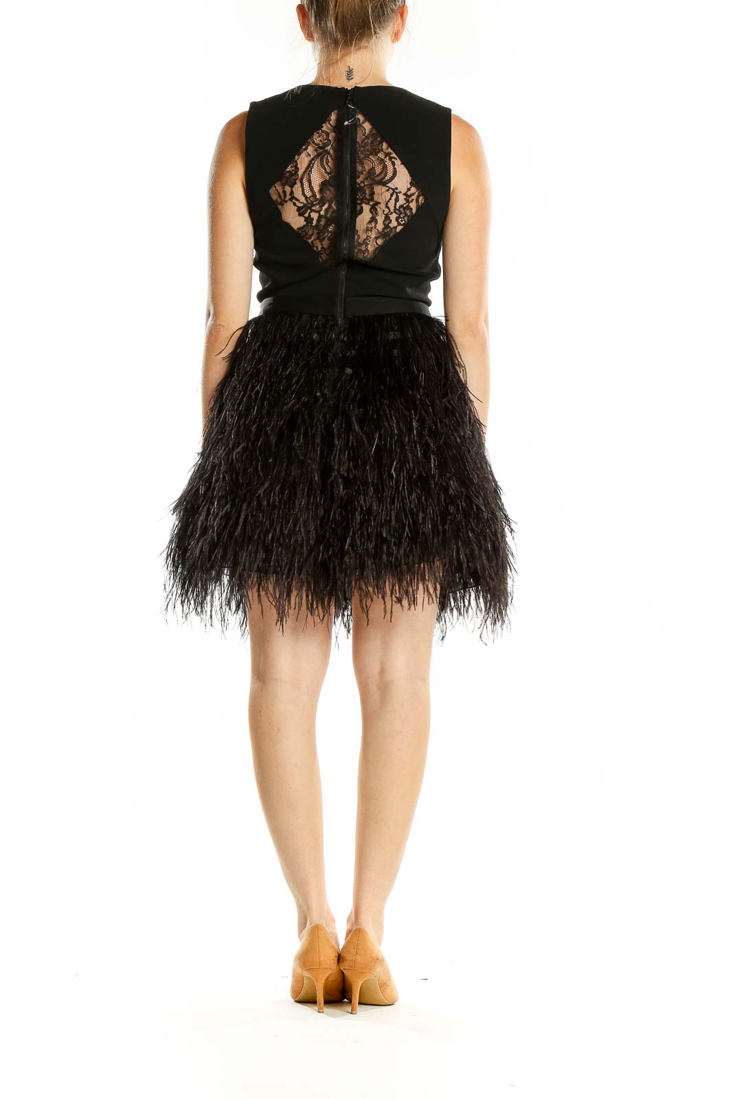 Black Flare V Neck Feather Skirt Dress