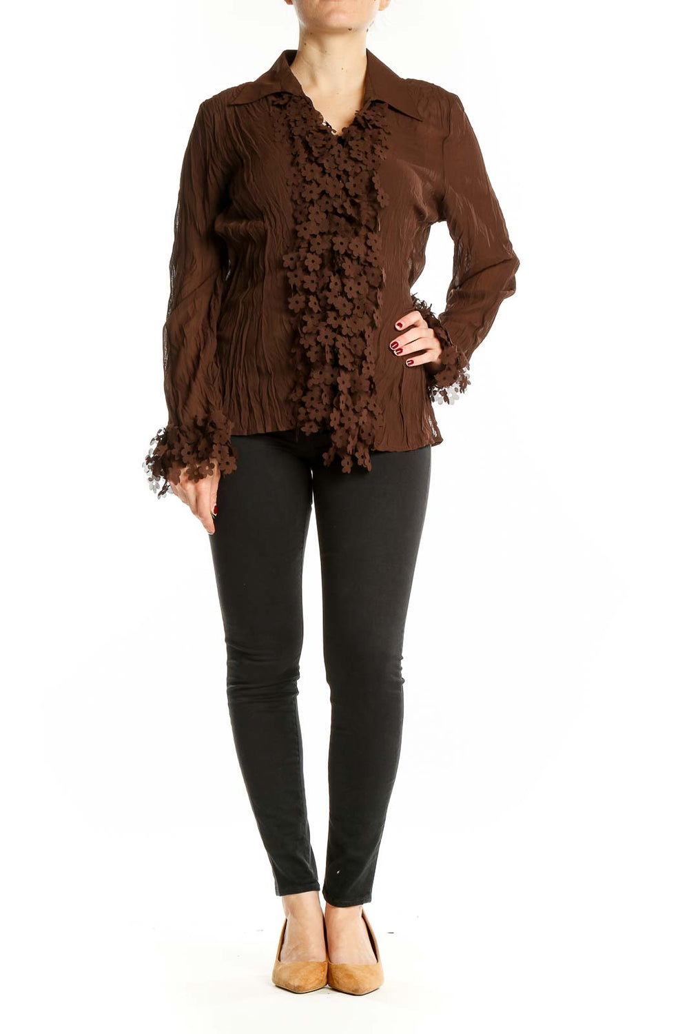 Front view of brown Claudia Richard blouse with floral lace detailing