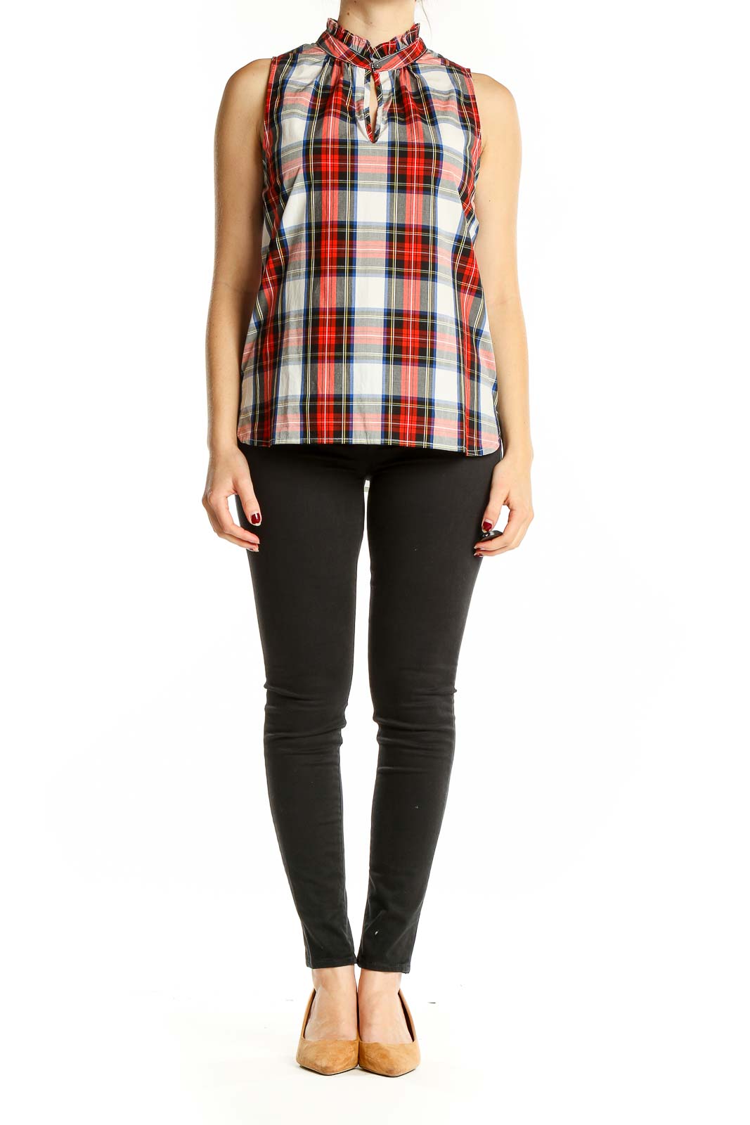 White Red Plaid Sleeveless Mock Neck Top