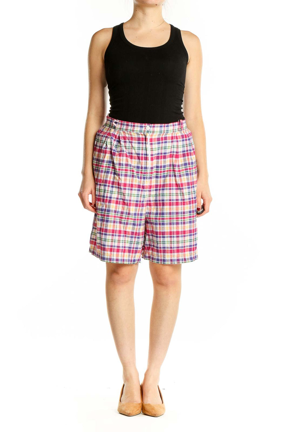 Front view of Jaclyn & Smith multicolor plaid cotton shorts