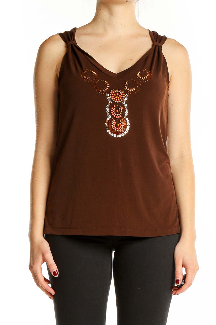 Front view of Rafaella brown sleeveless top with V-neck and beaded embellishments