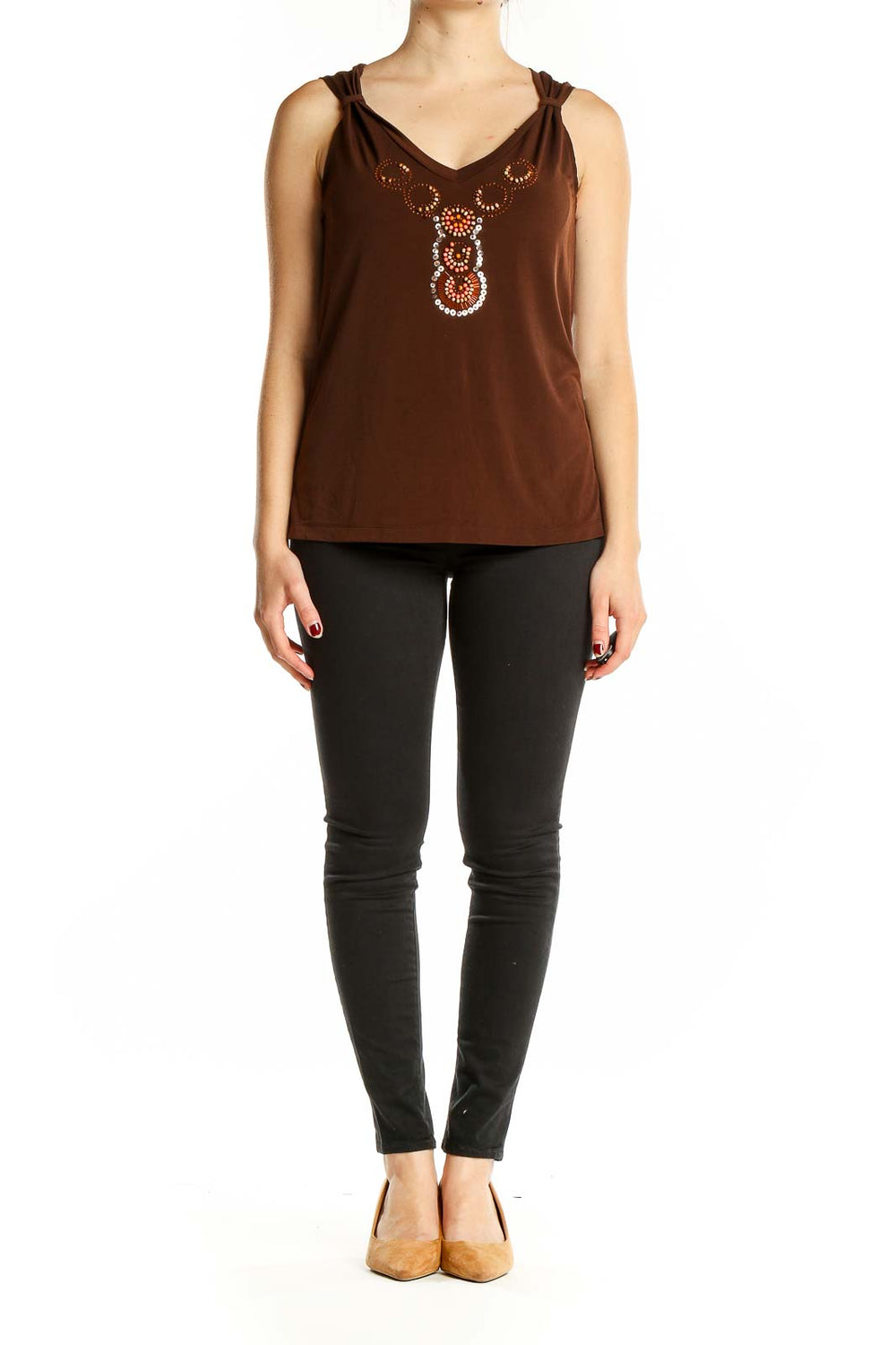 Front view of Rafaella brown sleeveless top with V-neck and beaded embellishments