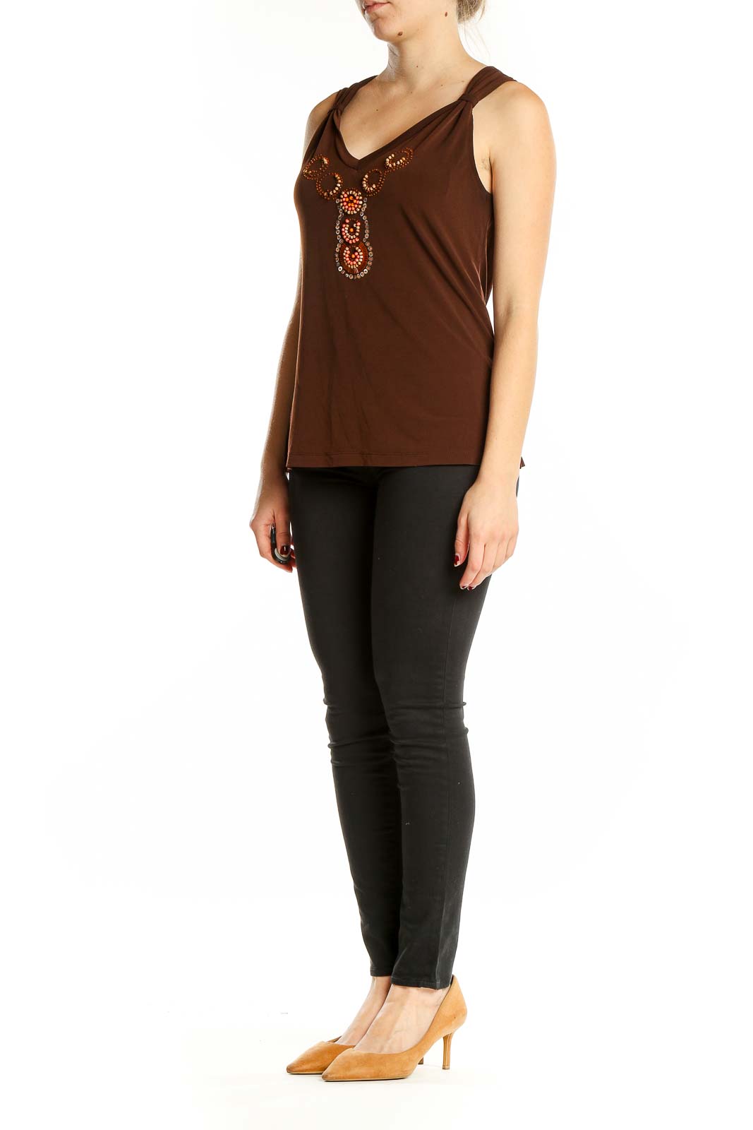 Front view of Rafaella brown sleeveless top with V-neck and beaded embellishments