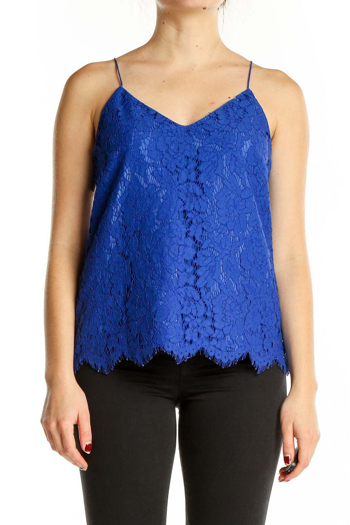 Front view of royal blue lace camisole top from J.Crew