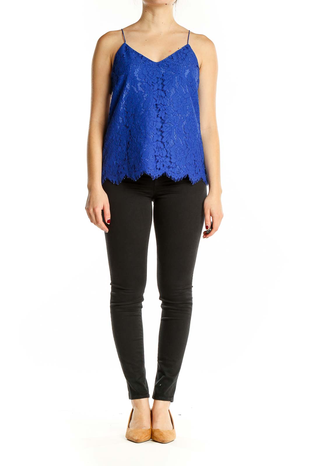 Front view of royal blue lace camisole top from J.Crew