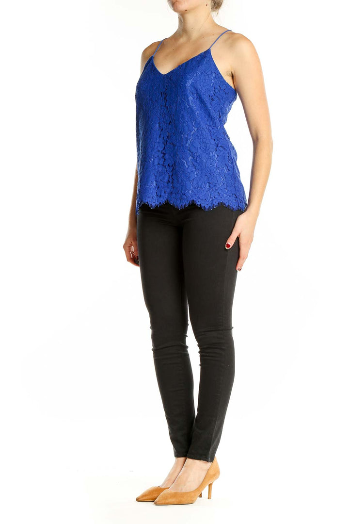 Front view of royal blue lace camisole top from J.Crew