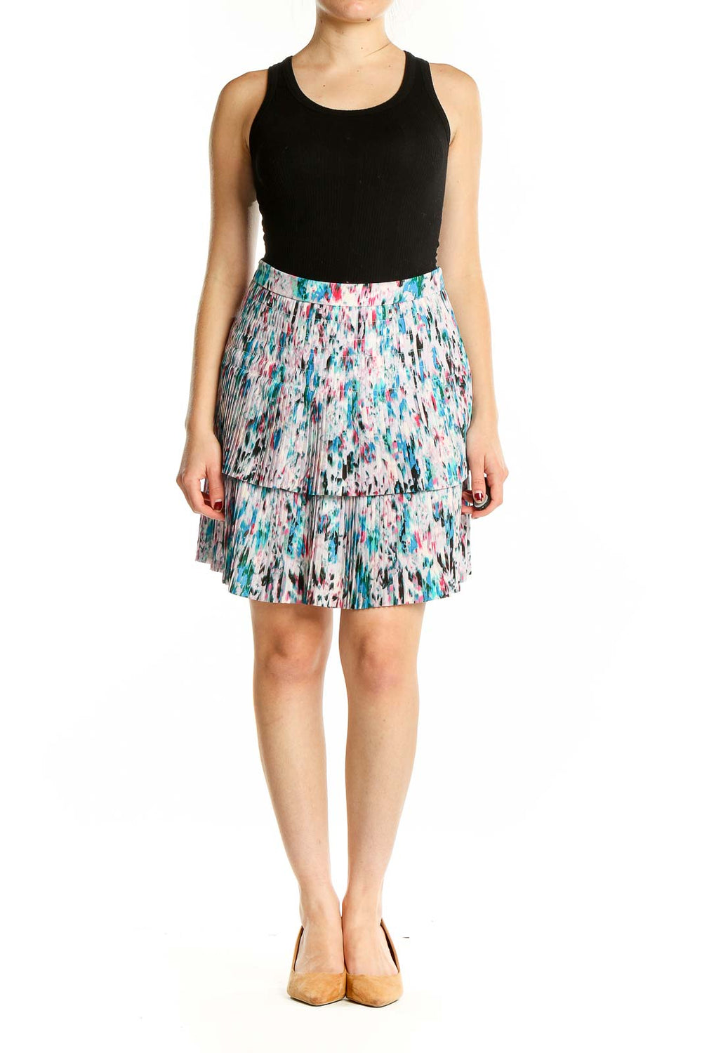 Front view of J.Crew multicolor pleated tiered mini skirt