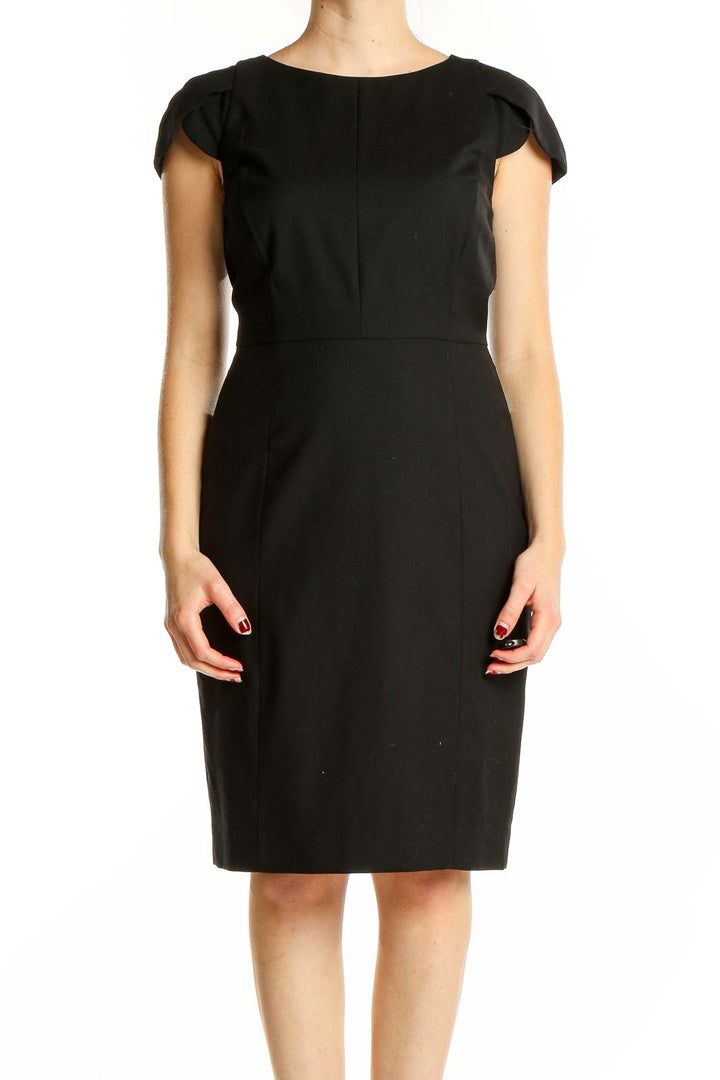 Front view of J.Crew black wool blend sheath dress with cap sleeves