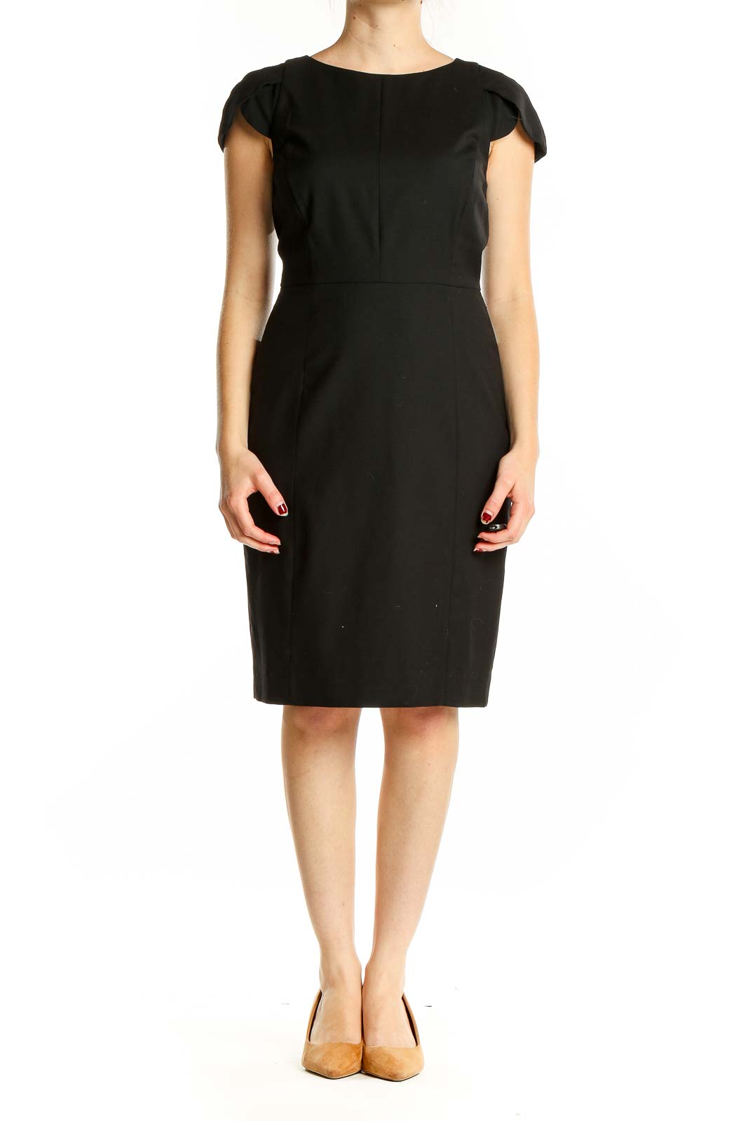 Front view of J.Crew black wool blend sheath dress with cap sleeves