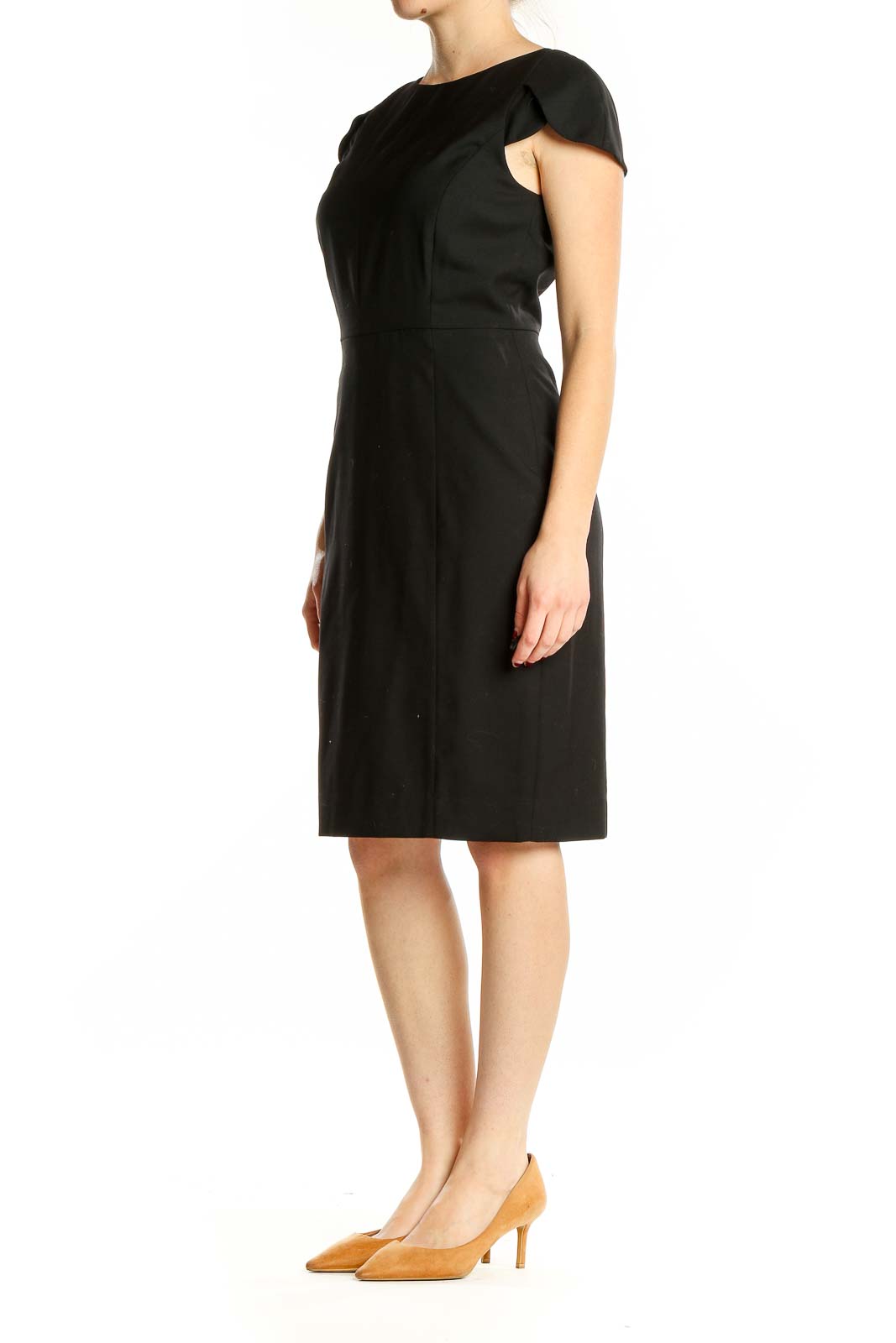 Front view of J.Crew black wool blend sheath dress with cap sleeves