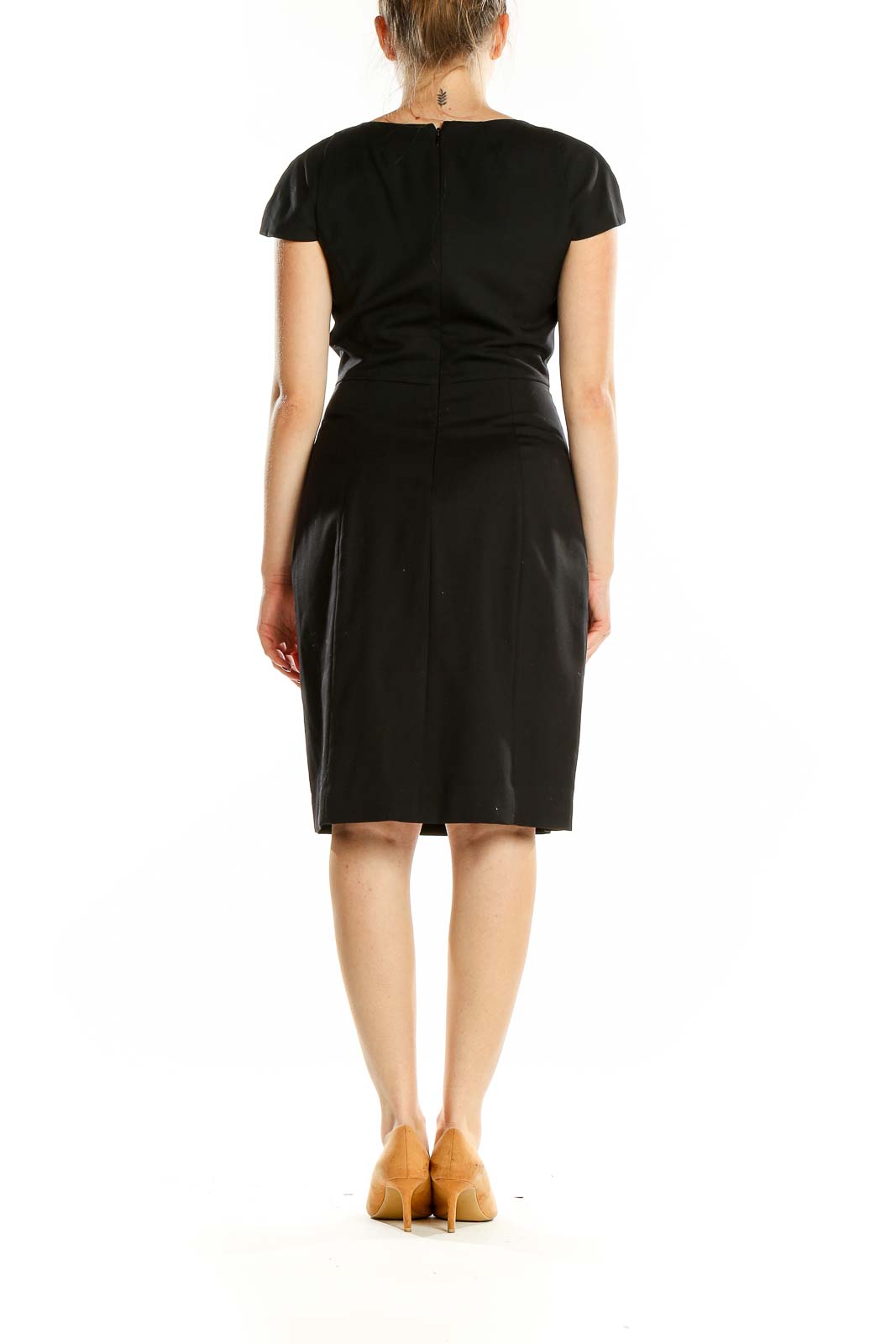 Back view of J.Crew black wool blend sheath dress showing sleek silhouette