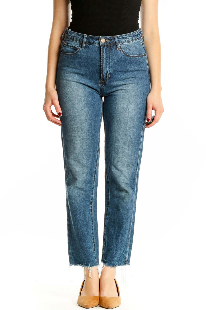 Front view of Leith blue straight leg jeans with raw hem