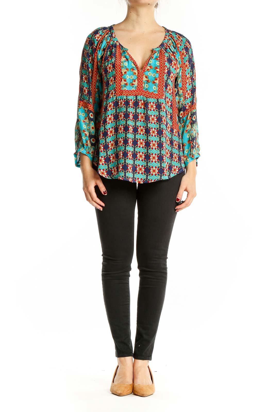 Front view of Tolani turquoise silk blouse with floral print and V-neckline