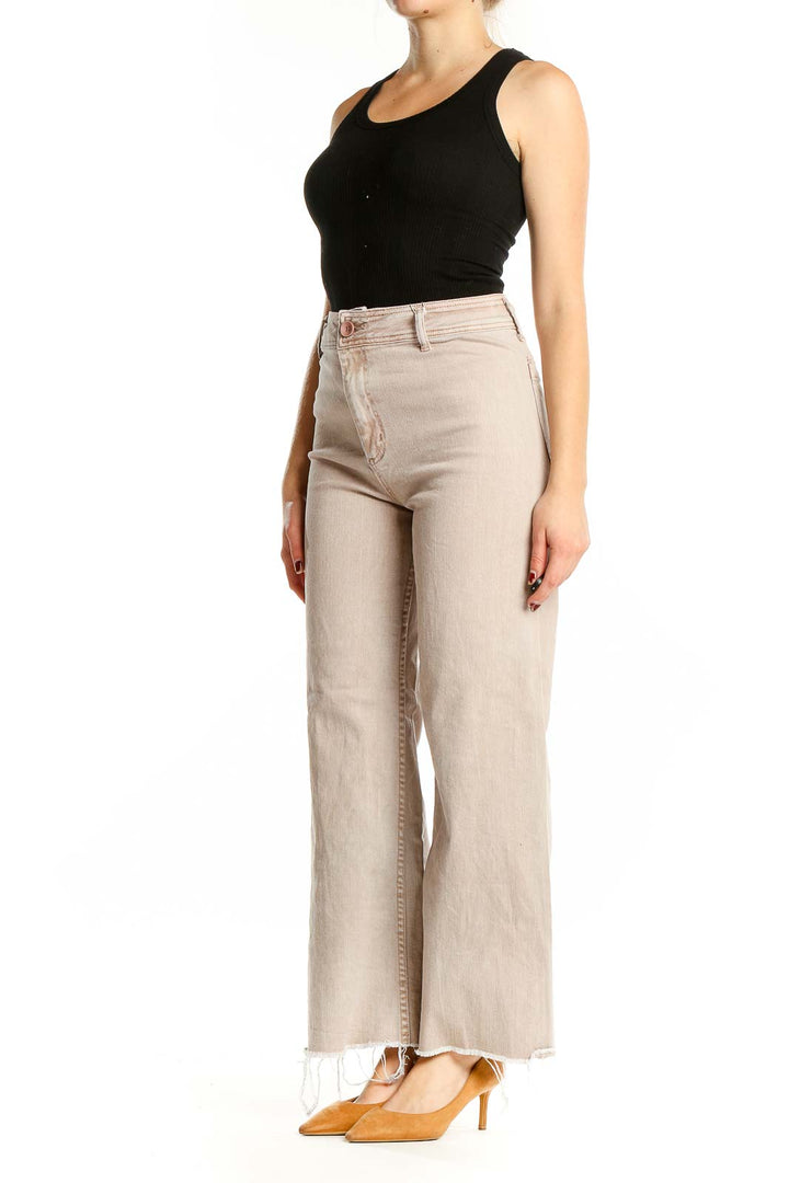 Beige High Waisted Wide Leg Jeans