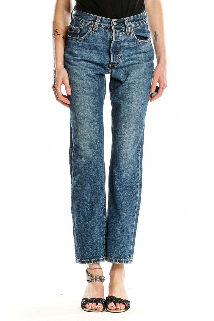 Front view of Levi's straight leg jeans in medium blue wash