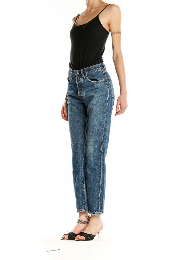 Front view of Levi's straight leg jeans in medium blue wash