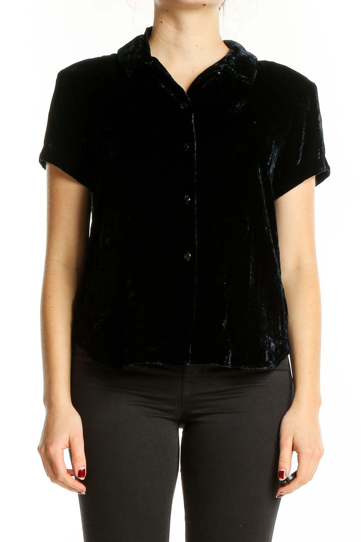 Front view of Jones New York black velvet short sleeve button-up blouse