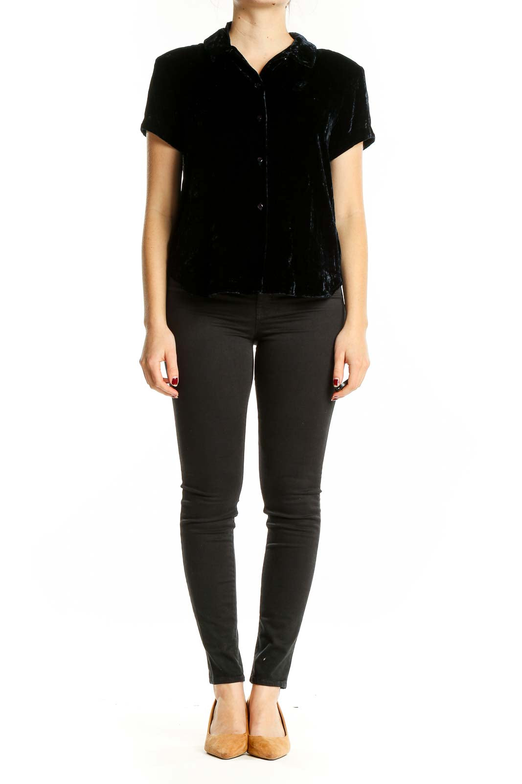 Front view of Jones New York black velvet short sleeve button-up blouse