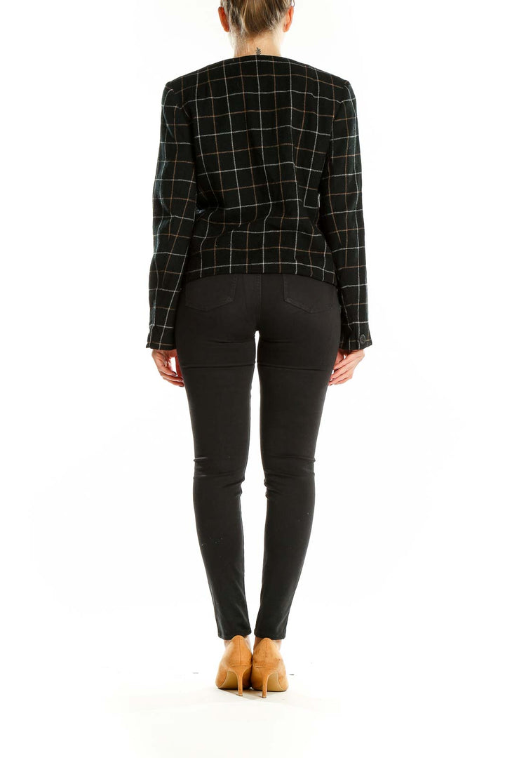 Back view of Clifford & Wills black plaid cropped jacket on model