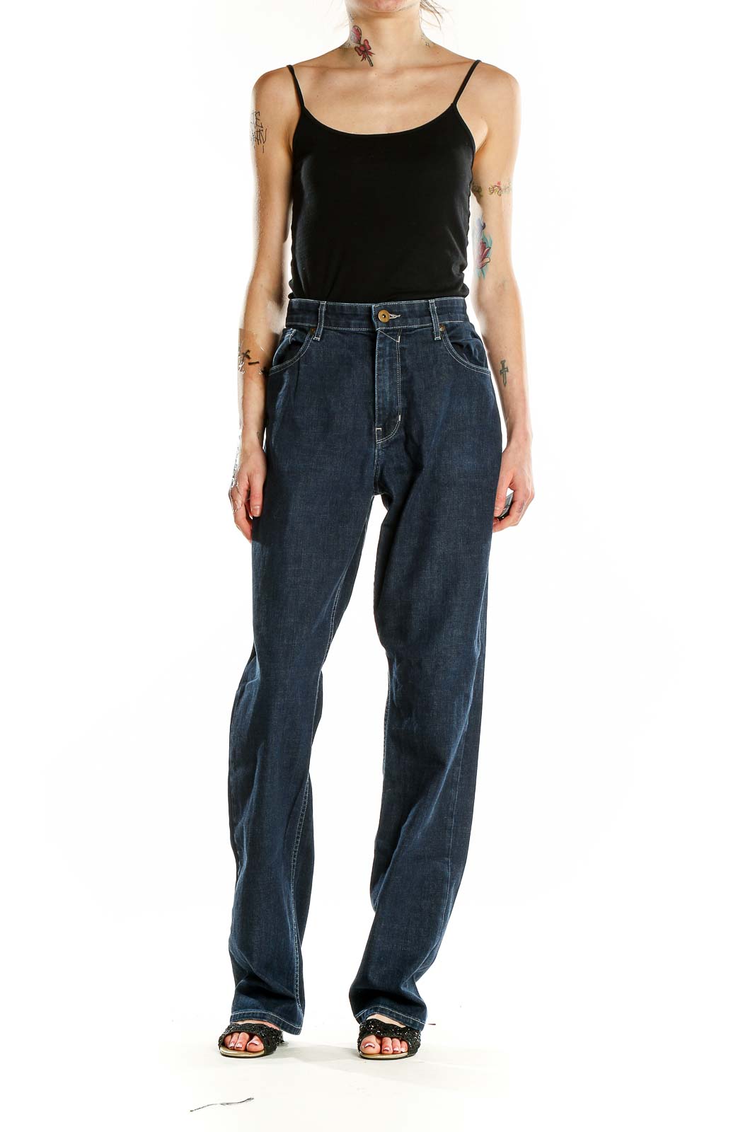 Front view of Paige dark blue wide-leg jeans on model