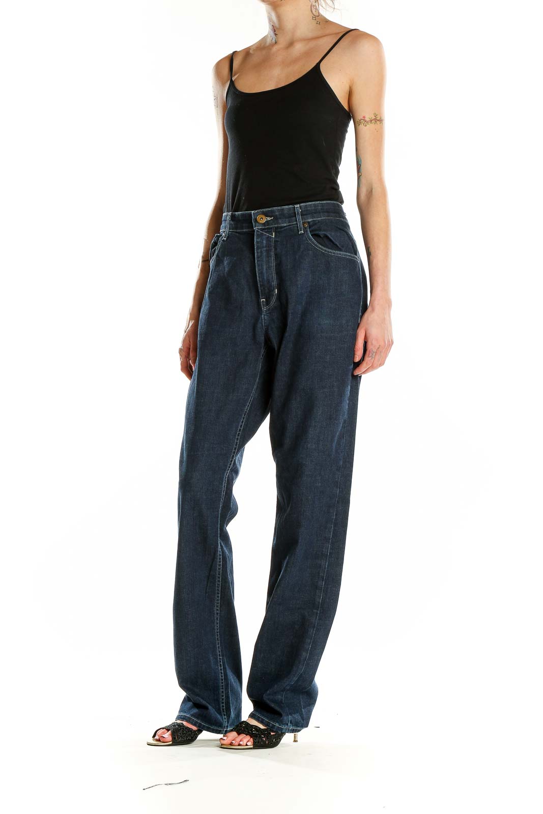 Front view of Paige dark blue wide-leg jeans on model