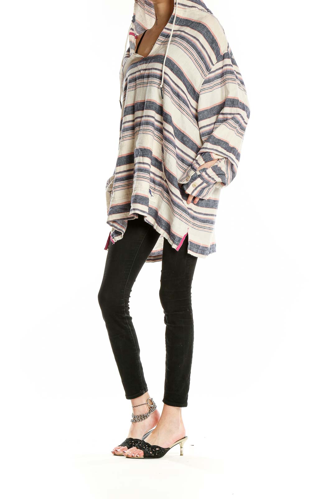 Front view of Tommy Bahama beige striped oversized hooded knit tunic