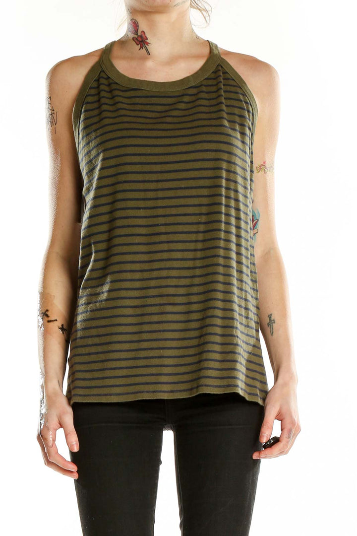 Front view of olive and black striped cotton tank top by Eddie Bauer