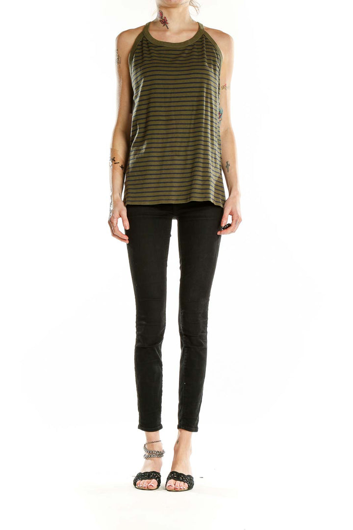 Front view of olive and black striped cotton tank top by Eddie Bauer