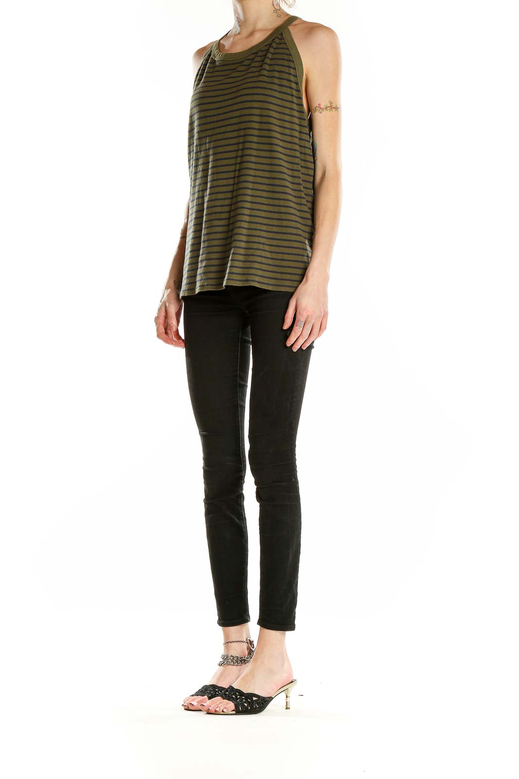 Front view of olive and black striped cotton tank top by Eddie Bauer