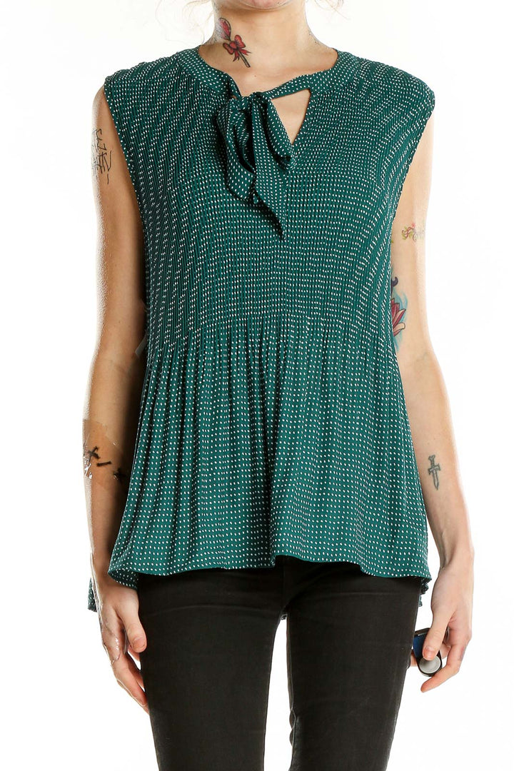 Green Sleeveless Polka Dot Pleated Blouse