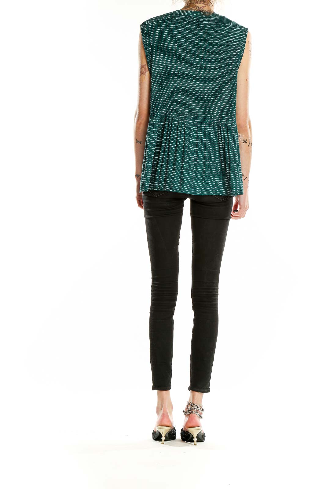 Green Sleeveless Polka Dot Pleated Blouse