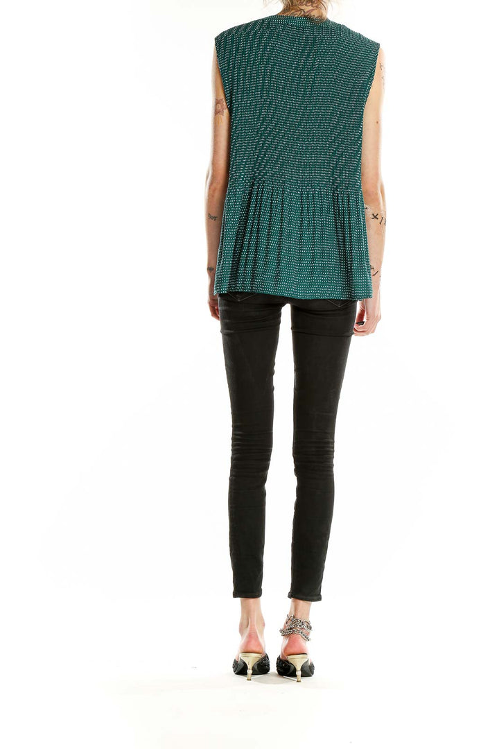 Green Sleeveless Polka Dot Pleated Blouse