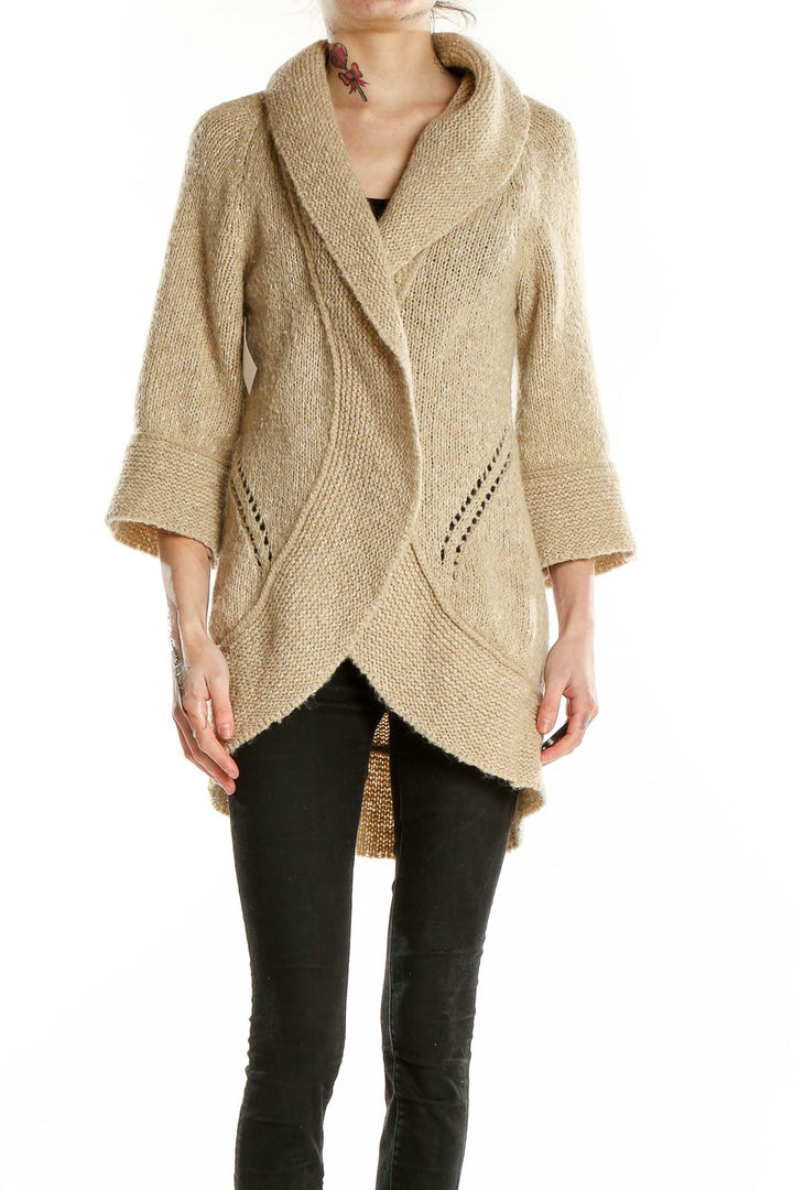 Front view of beige Ann Taylor LOFT shawl collar knit cardigan