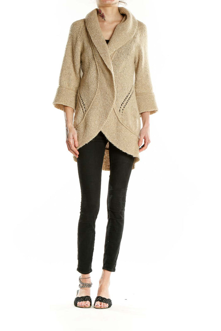 Front view of beige Ann Taylor LOFT shawl collar knit cardigan