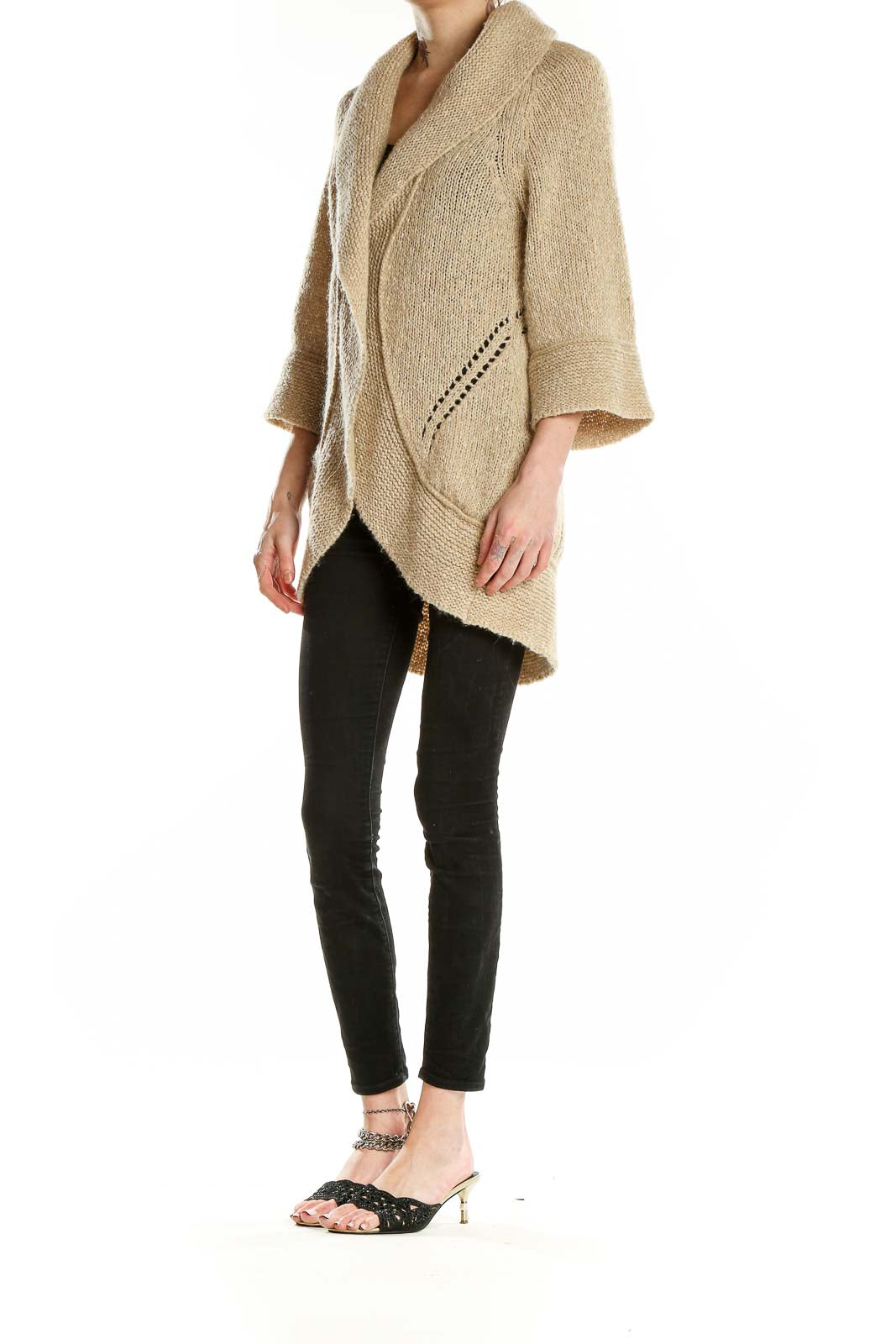 Front view of beige Ann Taylor LOFT shawl collar knit cardigan