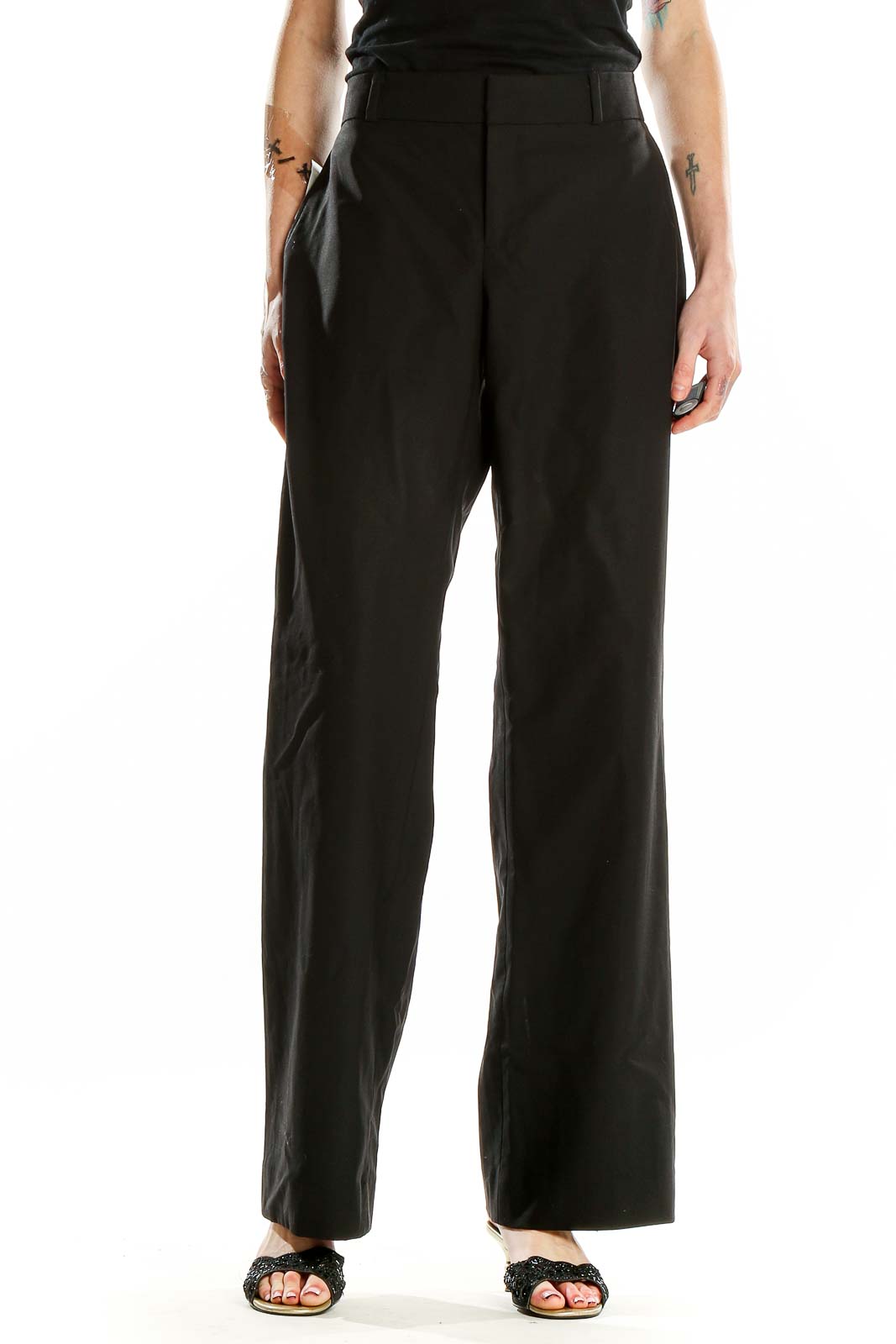 Front view of black wide-leg dress pants from Banana Republic