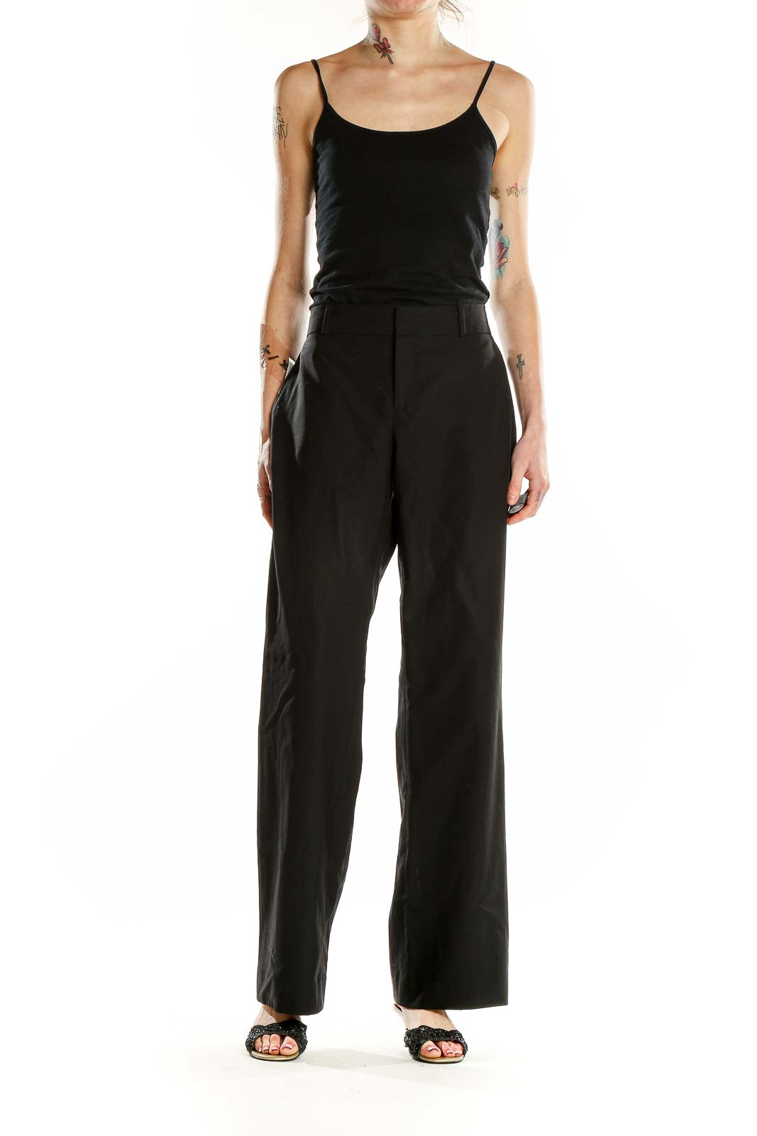 Front view of black wide-leg dress pants from Banana Republic