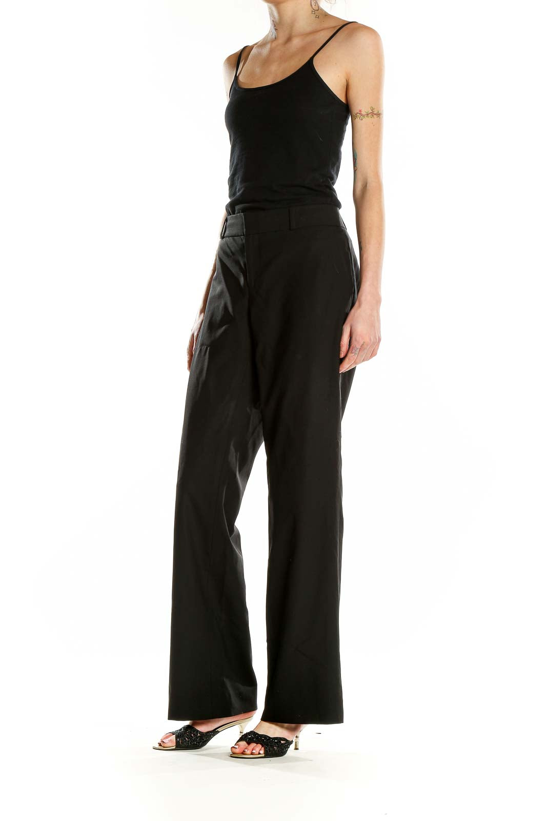 Front view of black wide-leg dress pants from Banana Republic