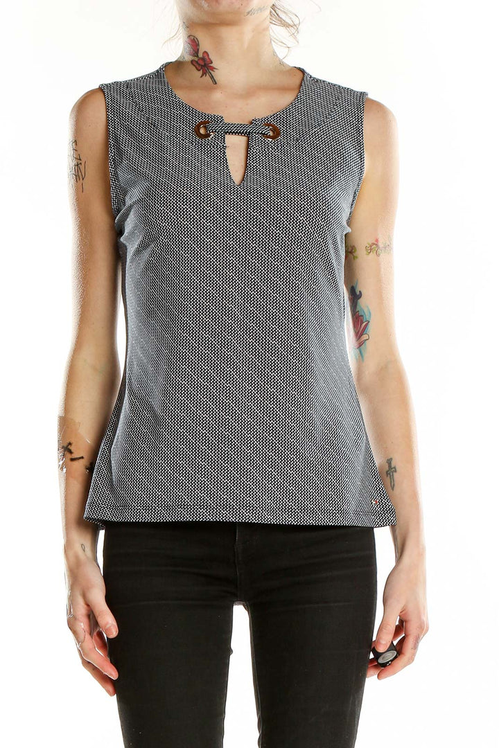 Front view of gray Tommy Hilfiger sleeveless top with textured pattern and keyhole neckline