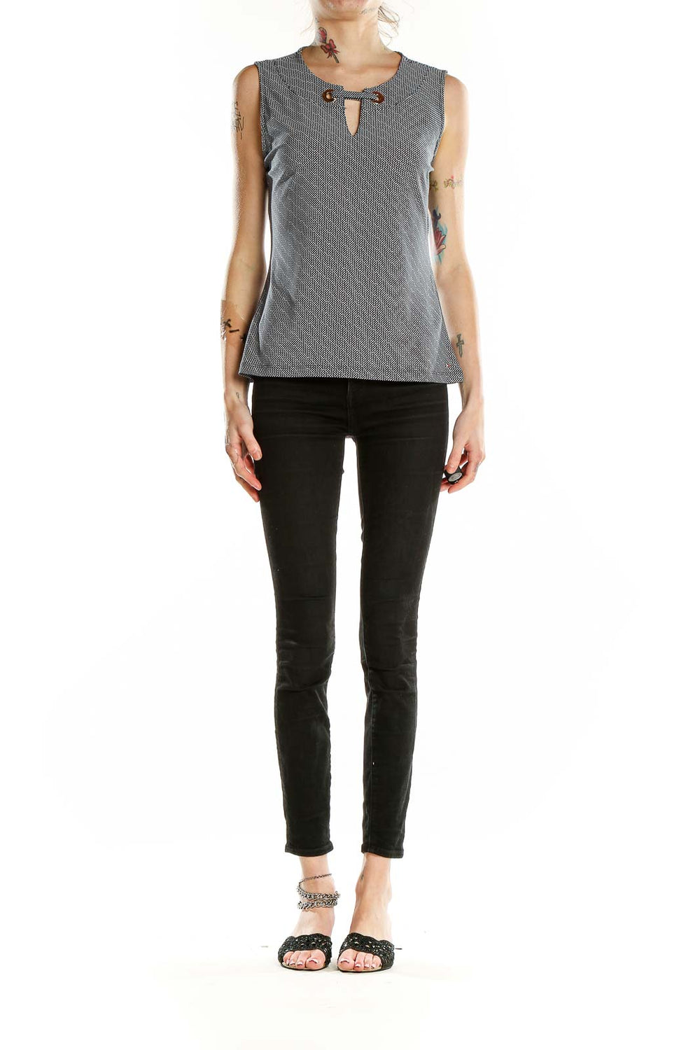 Front view of gray Tommy Hilfiger sleeveless top with textured pattern and keyhole neckline