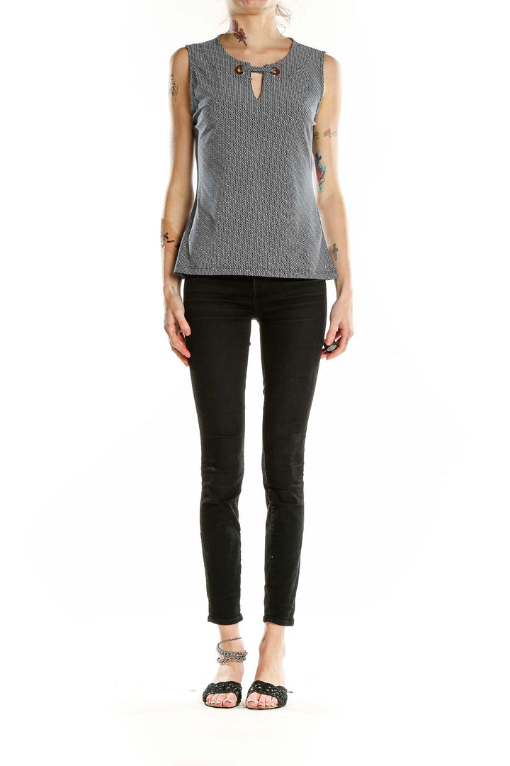 Front view of gray Tommy Hilfiger sleeveless top with textured pattern and keyhole neckline