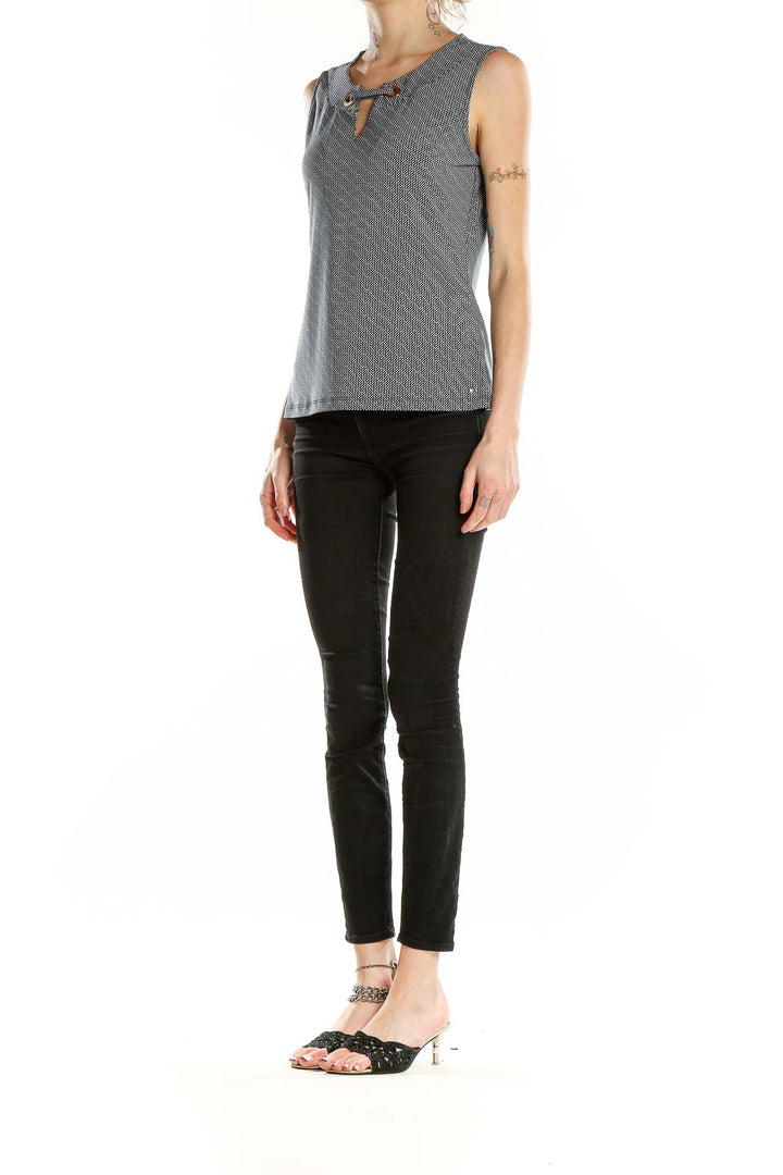 Front view of gray Tommy Hilfiger sleeveless top with textured pattern and keyhole neckline