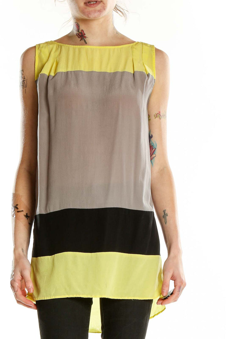 Front view of Silence + Noise yellow color block sleeveless silk top