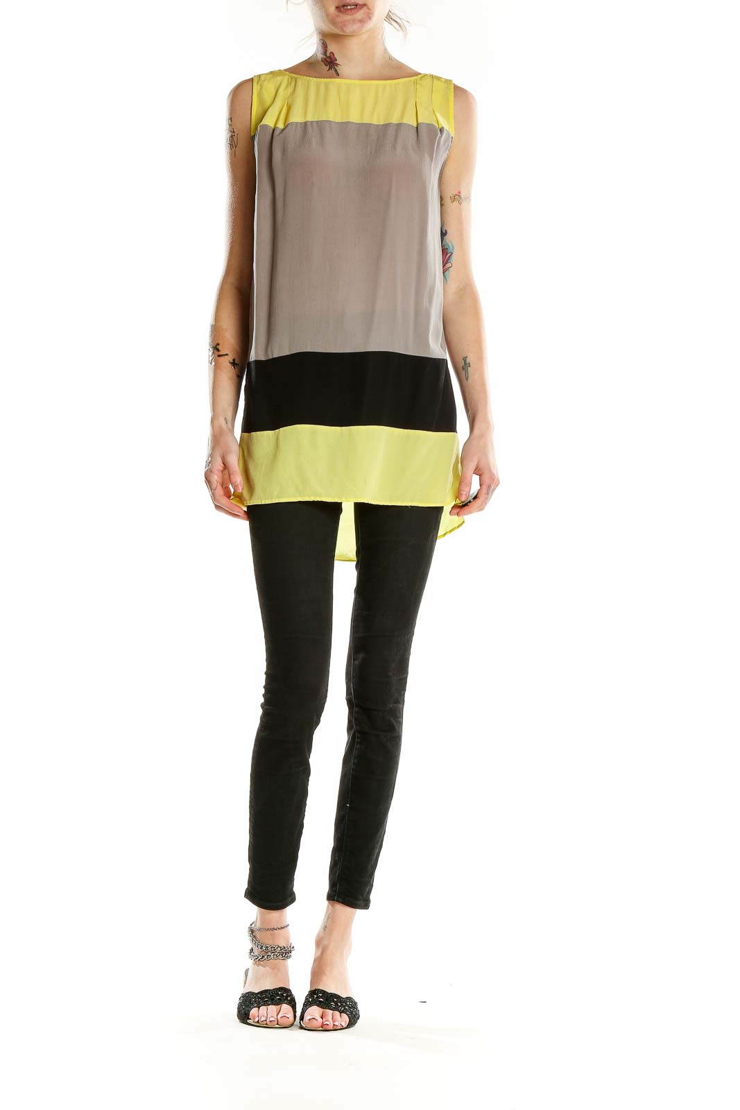 Front view of Silence + Noise yellow color block sleeveless silk top