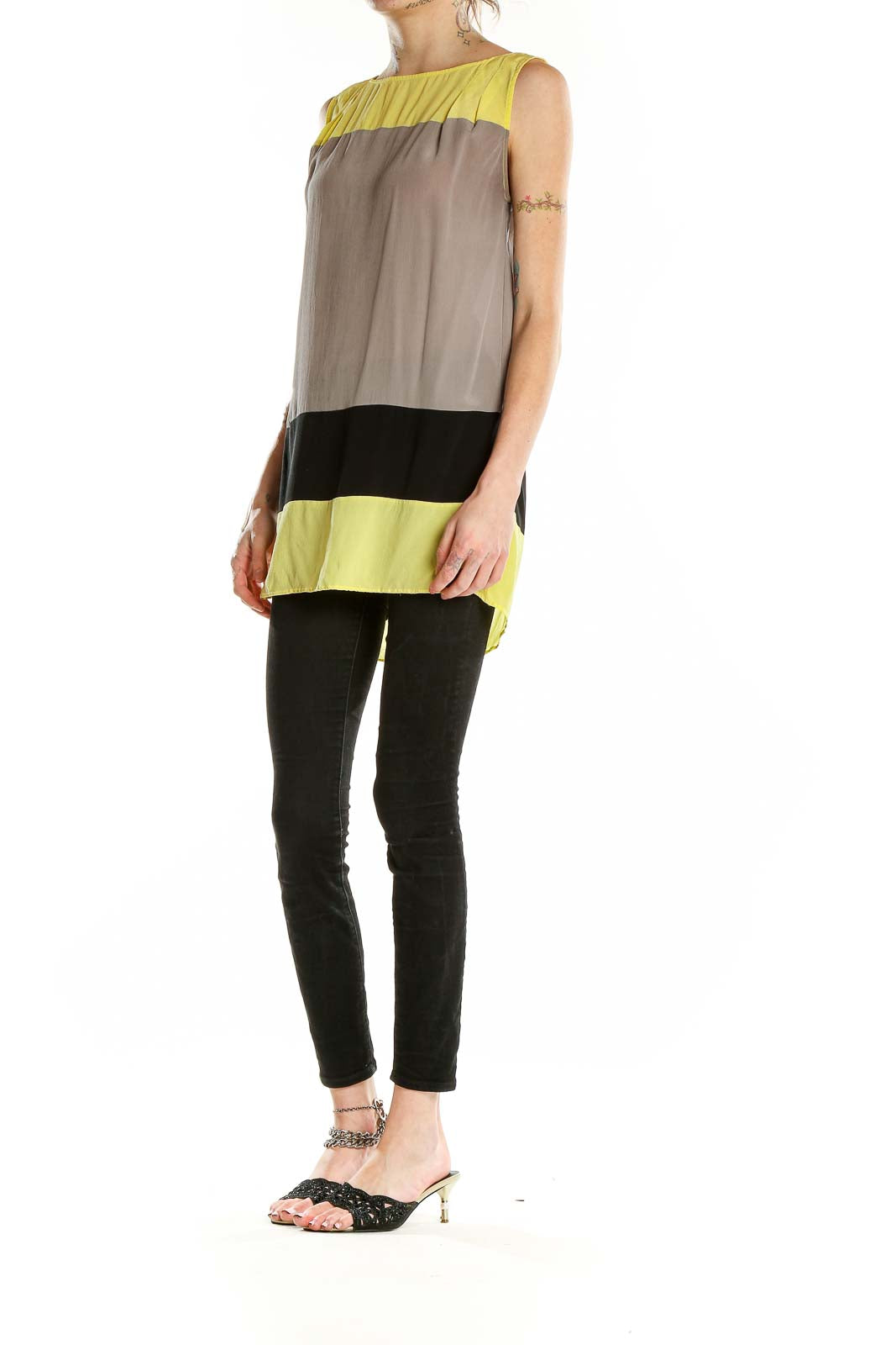 Front view of Silence + Noise yellow color block sleeveless silk top