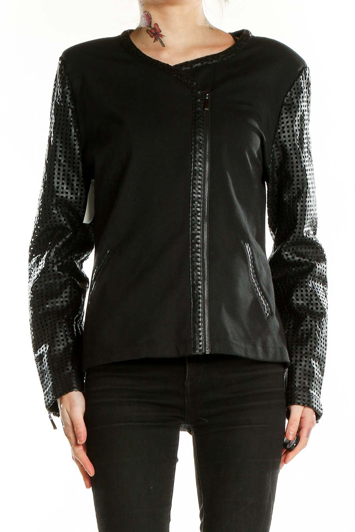 Front view of TART COLLECTIONS black asymmetric zip jacket with mesh sleeves