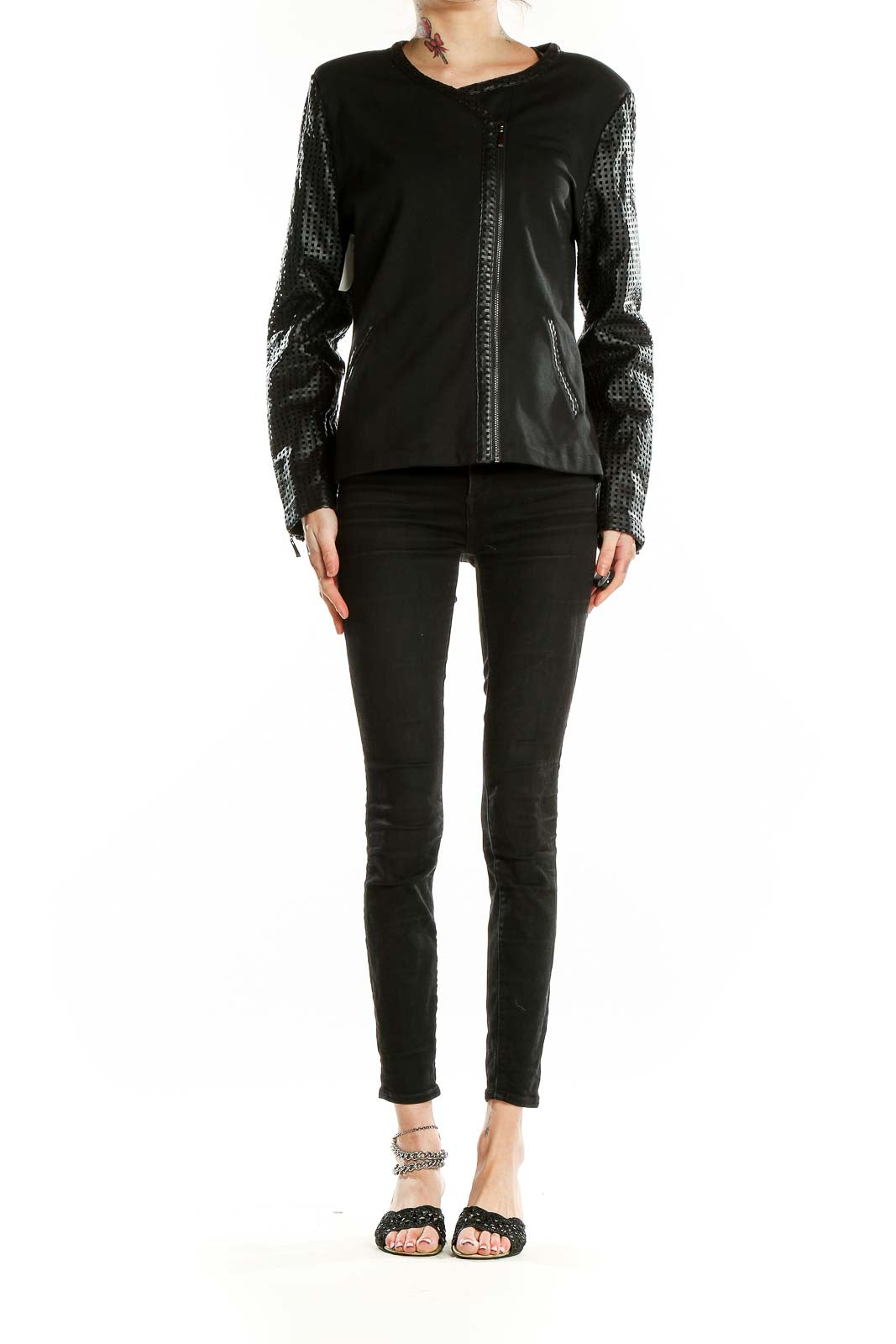 Front view of TART COLLECTIONS black asymmetric zip jacket with mesh sleeves