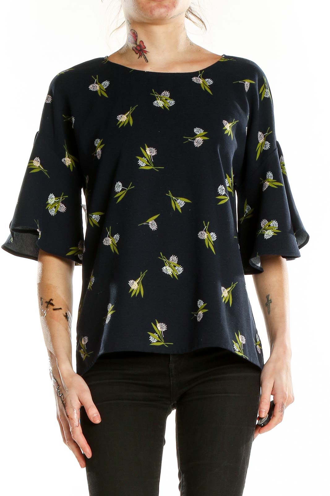 Front view of Ann Taylor black floral print blouse with bell sleeves